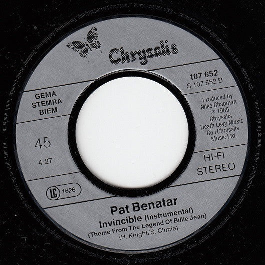 Pat Benatar – Invincible (Theme From The Legend Of Billie Jean) 7" vinyl record, image 4 of 4