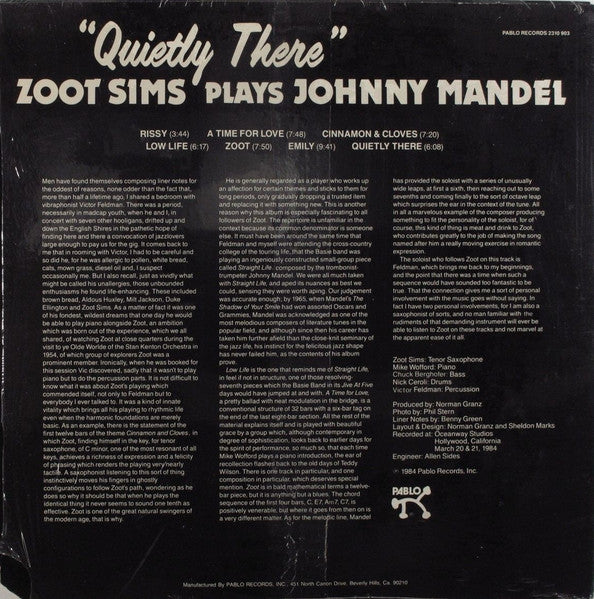 Zoot Sims – Plays Johnny Mandel Quietly There LP vinyl record, image 2 of 4