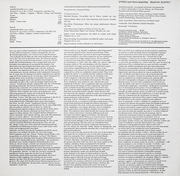 Joseph Haydn, Collegium Aureum, Franzjosef Maier – Pariser Sinfonien (Nr.83 G-Moll „La Poule” / Nr.82 C-Dur „L'Ours”) LP vinyl record, image 2 of 4