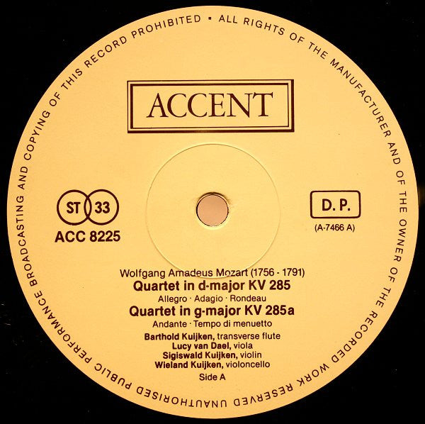 Wolfgang Amadeus Mozart, Barthold Kuijken, Sigiswald Kuijken, Lucy Van Dael, Wieland Kuijken – Flute Quartets LP vinyl record, image 3 of 6