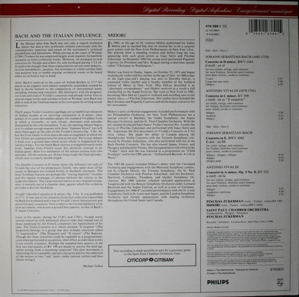 Johann Sebastian Bach, Antonio Vivaldi, Pinchas Zukerman, Midori Goto, The Saint Paul Chamber Orchestra – Double Concertos Violin Concertos LP vinyl record, image 2 of 4