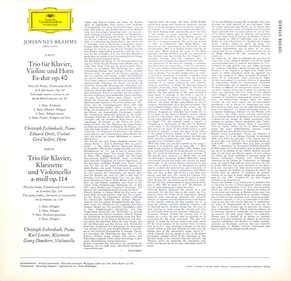 Johannes Brahms, Christoph Eschenbach, Gerd Seifert, Karl Leister, Eduard Drolc, Georg Donderer – Horntrio Op.40 • Klarinettentrio Op.114 LP vinyl record, image 2 of 4