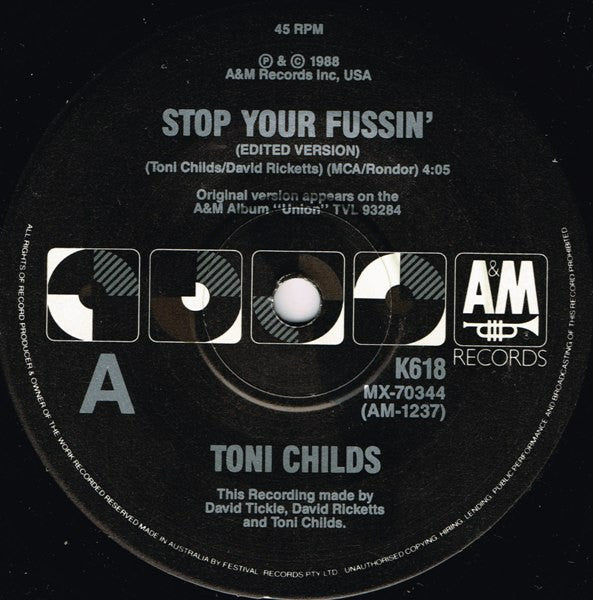 Toni Childs – Don't Walk Away / Stop Your Fussin' 7" vinyl record, image 2 of 2