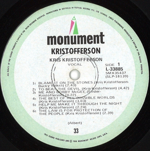 Kris Kristofferson – Kristofferson LP vinyl record, image 3 of 3