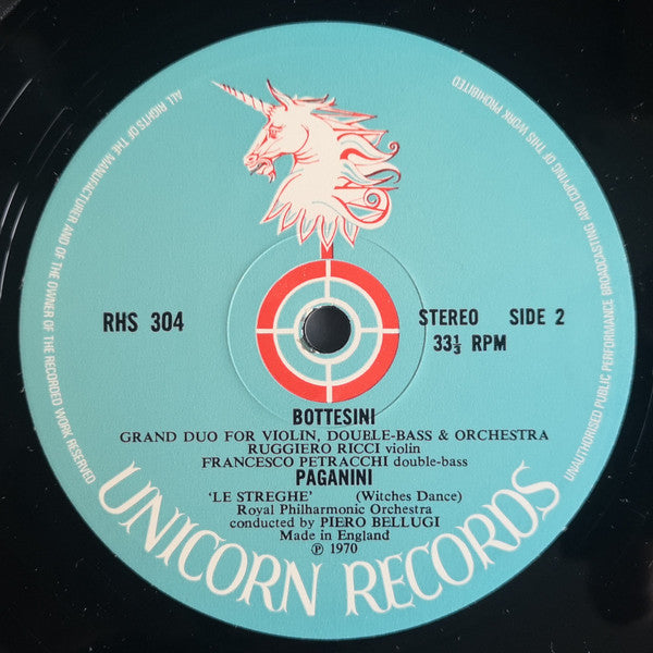 Niccolò Paganini, Giovanni Bottesini, Ruggiero Ricci, Francesco Petracchi, Royal Philharmonic Orchestra, Piero Bellugi – Violin Concerto No.4 In D Minor, Le Streghe (Witches Dance) / Grand Duo For Double Bass Violin And Orchestra LP vinyl record, image 4 of 4