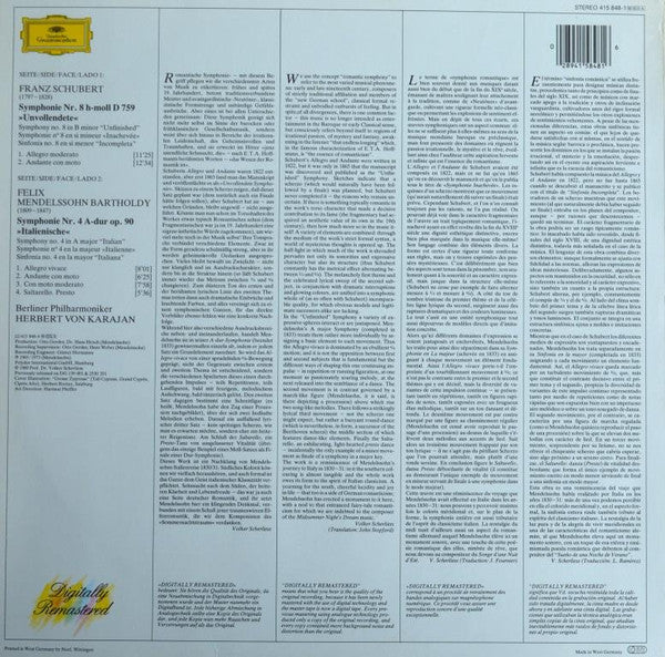 Franz Schubert, Felix Mendelssohn-Bartholdy, Berliner Philharmoniker, Herbert von Karajan – Symphony No. 8 "Unfinished" / Symphony No. 4 "Italian" LP vinyl record, image 2 of 4