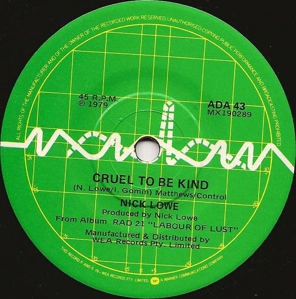 Nick Lowe – Cruel To Be Kind 7" vinyl record, image 1 of 3
