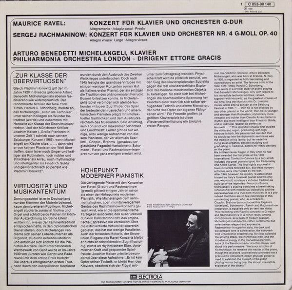 Maurice Ravel, Sergei Rachmaninoff, Arturo Benedetti Michelangeli, Philharmonia Orchestra, Ettore Gracis – Klavierkonzert In G-Dur / Klavierkonzert Nr.4 In G-Moll LP vinyl record, image 2 of 4