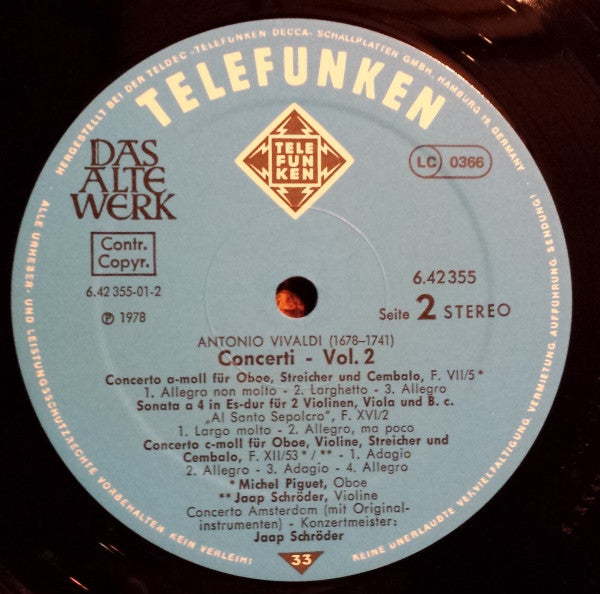 Jaap Schröder, Concerto Amsterdam, Antonio Vivaldi – Concerti Vol. 2 LP vinyl record, image 3 of 3