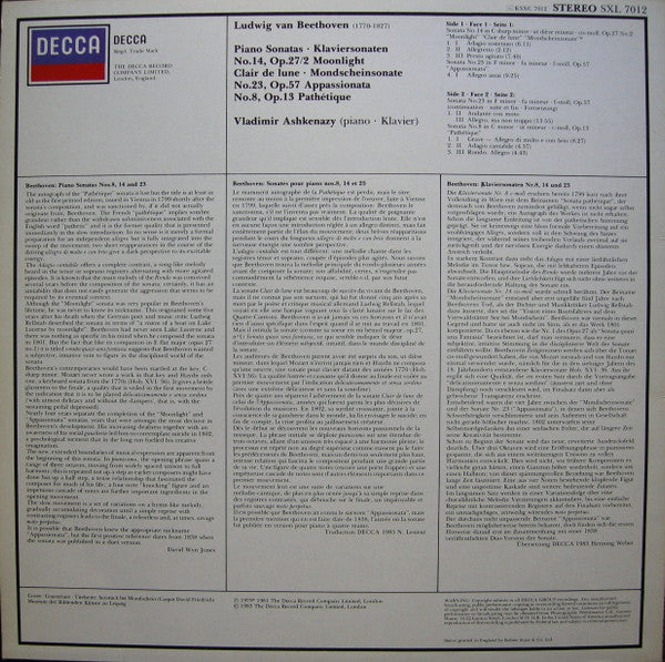 Ludwig van Beethoven, Vladimir Ashkenazy – Piano Sonatas Moonlight, Pathetique & Appassionata LP vinyl record, image 2 of 5