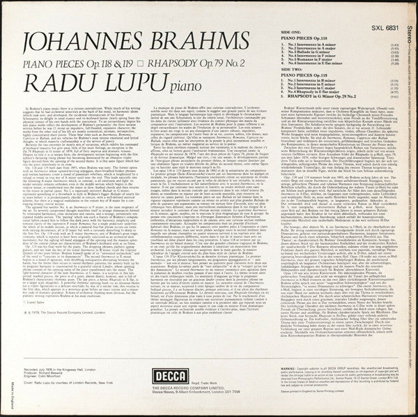 Johannes Brahms, Radu Lupu – Radu Lupu Plays Brahms LP vinyl record, image 2 of 6
