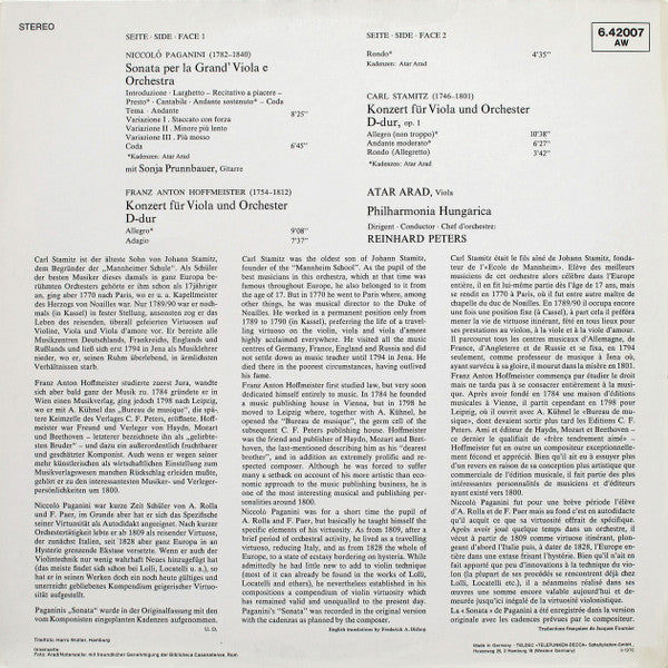 Niccolò Paganini, Carl Stamitz, Franz Anton Hoffmeister, Atar Arad, Philharmonia Hungarica, Reinhard Peters – Viola Concertos LP vinyl record, image 4 of 6