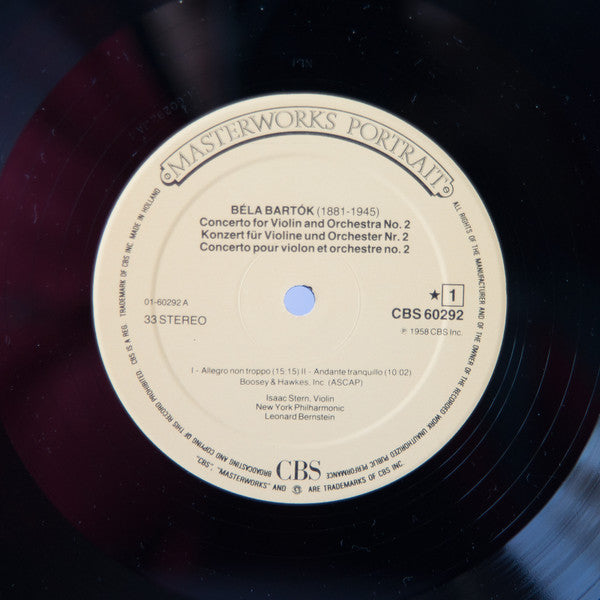 Béla Bartók, Isaac Stern, New York Philharmonic, Leonard Bernstein – Violin Concerto No. 2, Rhapsodies Nos. 1-2 LP vinyl record, image 2 of 3