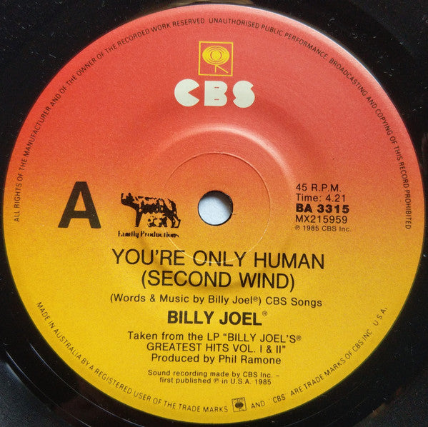 Billy Joel – You're Only Human (Second Wind) 7" vinyl record, image 4 of 4