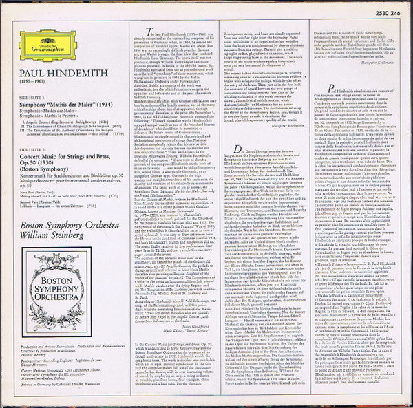 Paul Hindemith, Boston Symphony Orchestra, William Steinberg – Symphonie "Mathis Der Maler" / Konzertmusik Für Streichorchester Und Blechbläser, Op. 50 = Concert Music For Strings And Brass, Op. 50 LP vinyl record, image 2 of 4