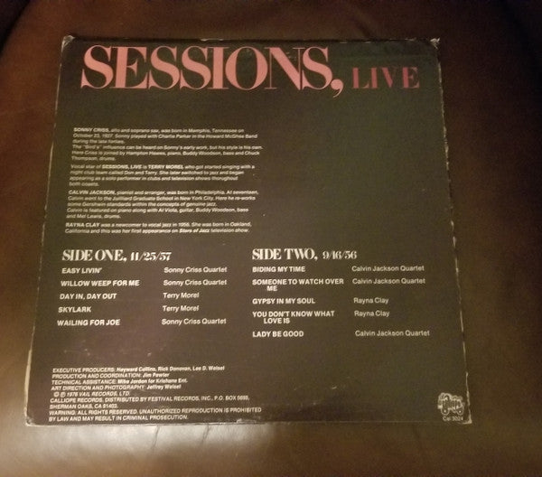 Sonny Criss, Calvin Jackson – Sessions, Live LP vinyl record, image 4 of 4