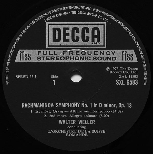 Sergei Rachmaninoff, L'Orchestre De La Suisse Romande, Walter Weller – Symphony No. 1 In D Minor, Op. 13 LP vinyl record, image 3 of 4