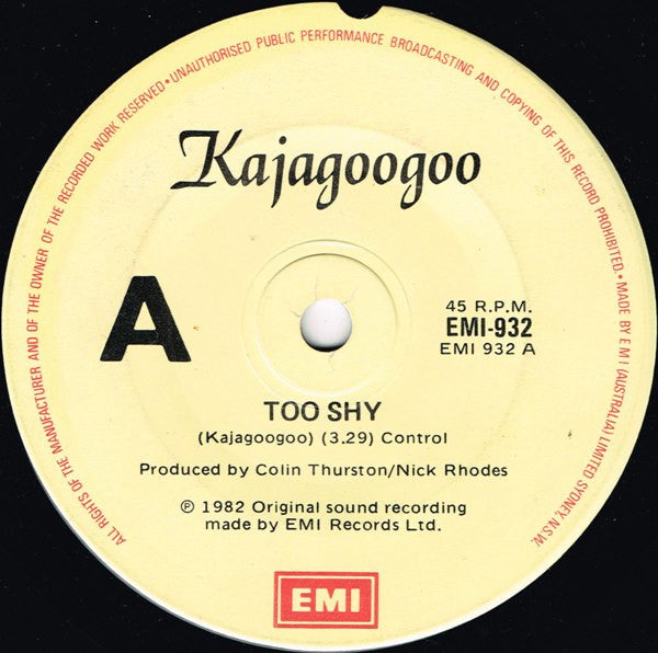 Kajagoogoo – Too Shy 7" vinyl record, image 1 of 3