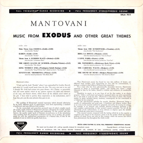 Mantovani – Plays Music From Exodus And Other Great Themes LP vinyl record, image 2 of 4