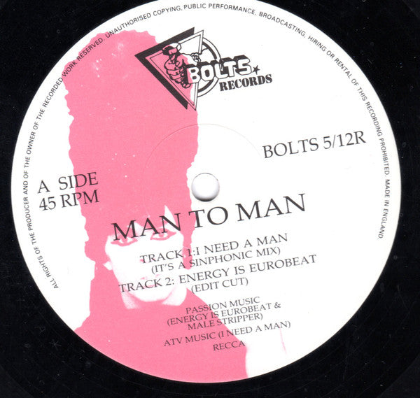 Man 2 Man, Paul Zone – I Need A Man (It's A Sin-Phonic Mix) 12" vinyl record, image 2 of 3