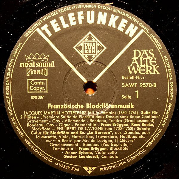 Frans Brüggen, Jacques Martin Hotteterre, Philibert De Lavigne, Joseph Bodin De Boismortier – Französische Blockflötenmusik LP vinyl record, image 3 of 4