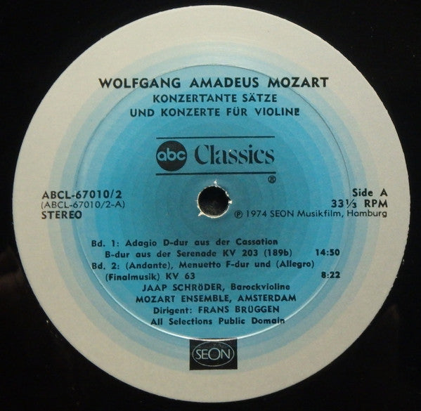 Wolfgang Amadeus Mozart, Jaap Schröder, Mozart-Ensemble Amsterdam, Frans Brüggen – Violinkonzerte KV 63 • 185 • 203 • 204 • 207 • 211 (2xLP) LP vinyl record, image 4 of 7