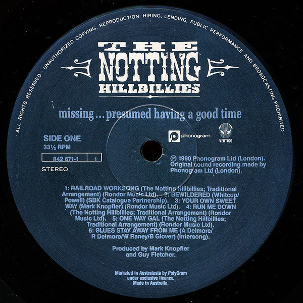The Notting Hillbillies – Missing... Presumed Having A Good Time LP vinyl record, image 2 of 3
