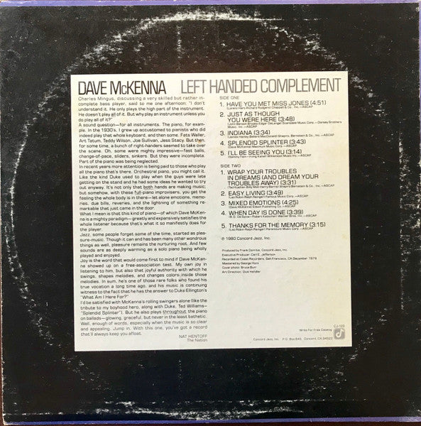 Dave McKenna – Left Handed Complement LP vinyl record, image 2 of 4