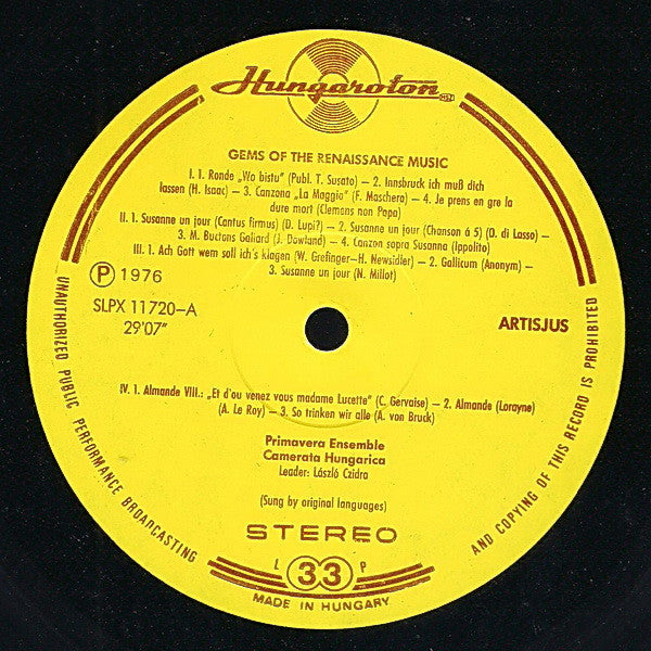 Camerata Hungarica, László Czidra – Gems Of The Renaissance Music LP vinyl record, image 3 of 4