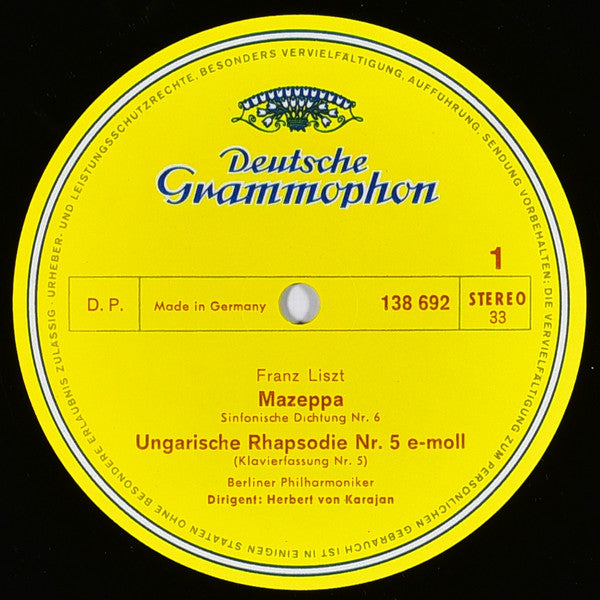 Franz Liszt, Shura Cherkassky, Berliner Philharmoniker, Herbert Von Karajan – Mazeppa · Ungarische Fantasie · Ungarische Rhapsodien 4 Und 5 LP vinyl record, image 3 of 4