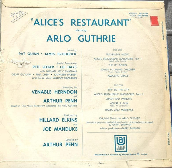 Arlo Guthrie, Garry Sherman – Alice's Restaurant (Original Motion Picture Score) LP vinyl record, image 2 of 4