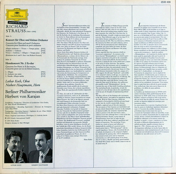Richard Strauss, Lothar Koch, Norbert Hauptmann, Berliner Philharmoniker, Herbert von Karajan – Oboenkonzert D-Dur / Hornkonzert Nr. 2 Es-Dur LP vinyl record, image 2 of 4