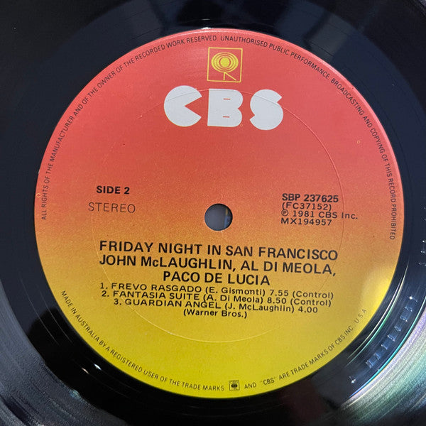 Al Di Meola, John McLaughlin, Paco De Lucía – Friday Night In San Francisco LP vinyl record, image 3 of 3