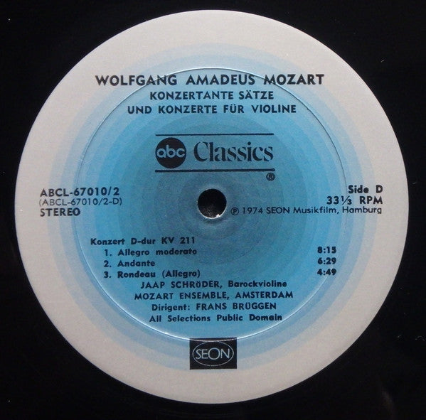 Wolfgang Amadeus Mozart, Jaap Schröder, Mozart-Ensemble Amsterdam, Frans Brüggen – Violinkonzerte KV 63 • 185 • 203 • 204 • 207 • 211 (2xLP) LP vinyl record, image 7 of 7
