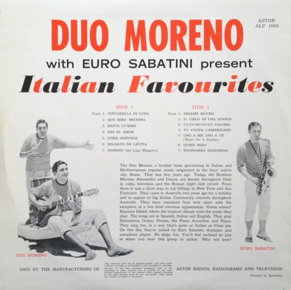 Duo Moreno, Euro Sabatini – Italian Favourites LP vinyl record, image 2 of 4