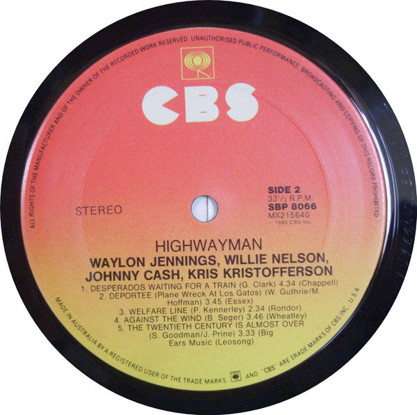 Waylon Jennings, Willie Nelson, Johnny Cash, Kris Kristofferson – Highwayman LP vinyl record, image 4 of 6