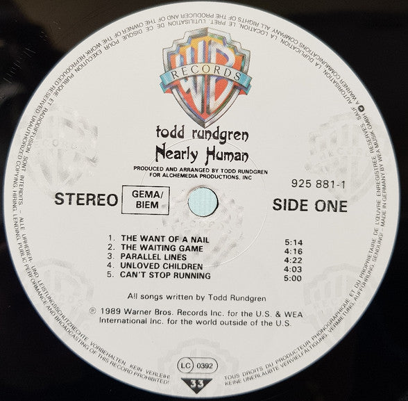 Todd Rundgren – Nearly Human LP vinyl record, image 3 of 6
