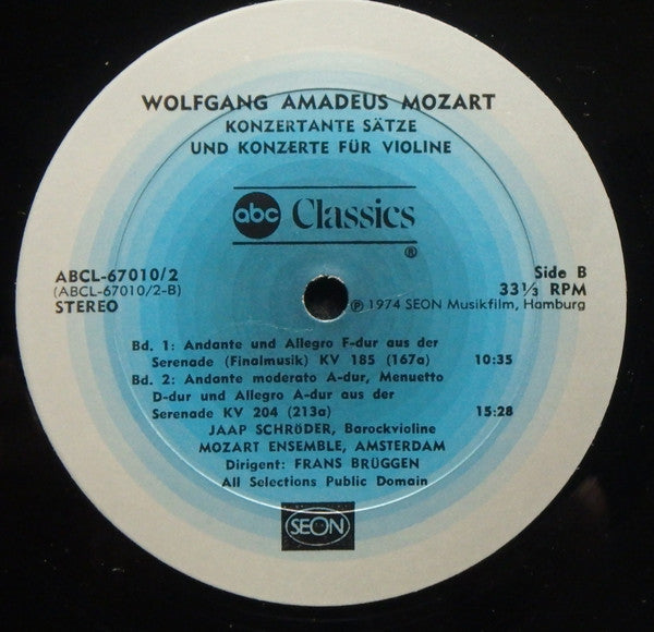 Wolfgang Amadeus Mozart, Jaap Schröder, Mozart-Ensemble Amsterdam, Frans Brüggen – Violinkonzerte KV 63 • 185 • 203 • 204 • 207 • 211 (2xLP) LP vinyl record, image 5 of 7
