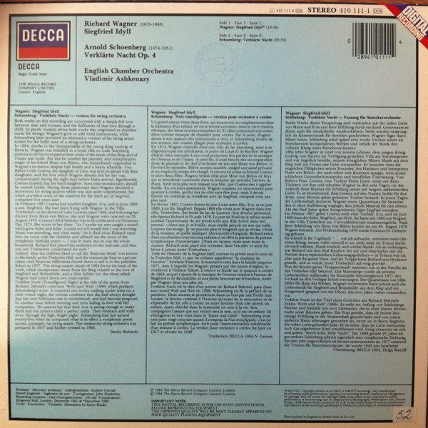 Richard Wagner, Arnold Schoenberg, English Chamber Orchestra, Vladimir Ashkenazy – Siegfried Idyll / Verklärte Nacht LP vinyl record, image 2 of 4