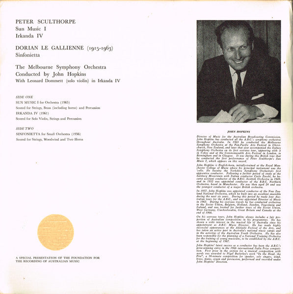Peter Sculthorpe, Dorian Le Gallienne, Melbourne Symphony Orchestra, John Hopkins – Sun Music I • Irkanda IV / Sinfonietta LP vinyl record, image 3 of 6