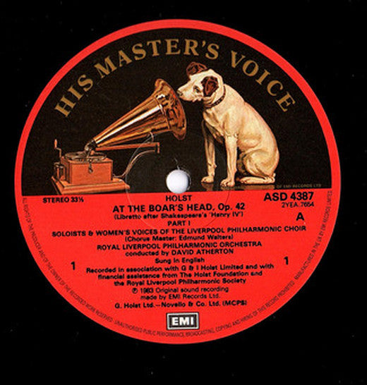 Gustav Holst, Philip Langridge, John Tomlinson, Elise Ross, Felicity Palmer, David Wilson-Johnson, Peter Hall, Richard Suart, Michael George, Royal Liverpool Philharmonic Orchestra, David Atherton – At The Boar's Head LP vinyl record, image 3 of 4