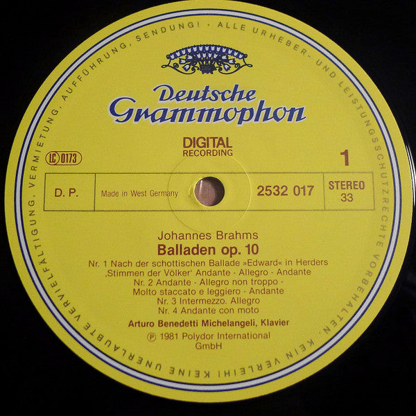 Johannes Brahms, Franz Schubert, Arturo Benedetti Michelangeli – 4 Balladen Op.10 / Klaviersonate • Piano Sonata D.537 LP vinyl record, image 3 of 4