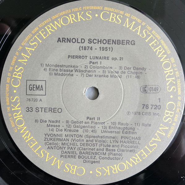 Arnold Schoenberg, Pierre Boulez, Pinchas Zukerman, Lynn Harrell, Michel Debost, Antony Pay, Daniel Barenboim, Yvonne Minton – Pierrot Lunaire LP vinyl record, image 6 of 6