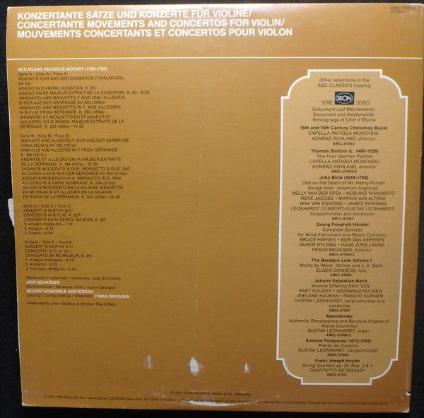 Wolfgang Amadeus Mozart, Jaap Schröder, Mozart-Ensemble Amsterdam, Frans Brüggen – Violinkonzerte KV 63 • 185 • 203 • 204 • 207 • 211 (2xLP) LP vinyl record, image 3 of 7