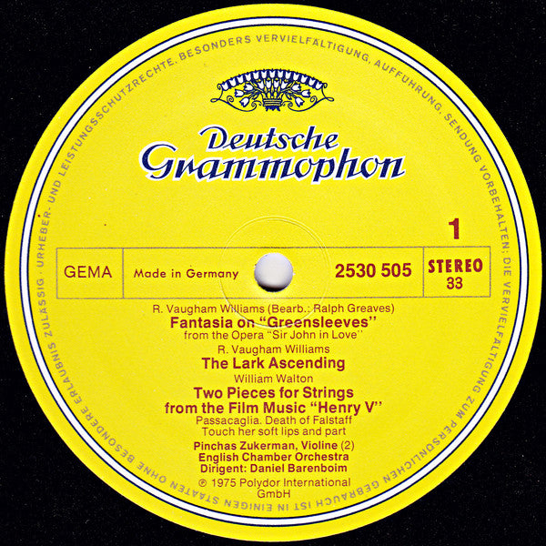Ralph Vaughan Williams, Sir William Walton, Frederick Delius, Pinchas Zukerman, English Chamber Orchestra, Daniel Barenboim – Greensleeves LP vinyl record, image 3 of 6