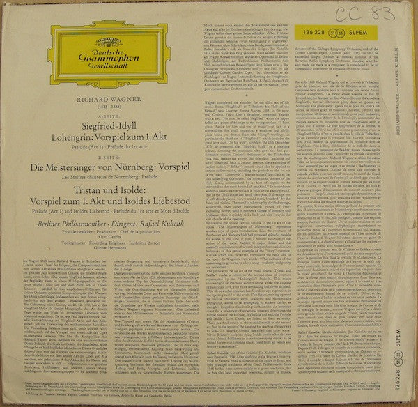 Richard Wagner, Berliner Philharmoniker, Rafael Kubelik – Siegfried-Idyll: Vorspiel Zum 1. Akt / Die Meistersinger Von Nürnberg: Vorspiel / Tristan Und Isolde: Vorspiel Zum 1. Akt Und Isoldes Liebstod LP vinyl record, image 2 of 3
