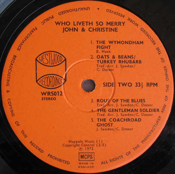 John Sawdon, Christine Dossor – Who Liveth So Merry? LP vinyl record, image 4 of 4