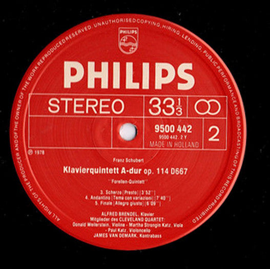 Franz Schubert, Alfred Brendel, Members Of The Cleveland Quartet, James VanDemark – Piano Quintet, Op. 114 "Trout" LP vinyl record, image 4 of 4