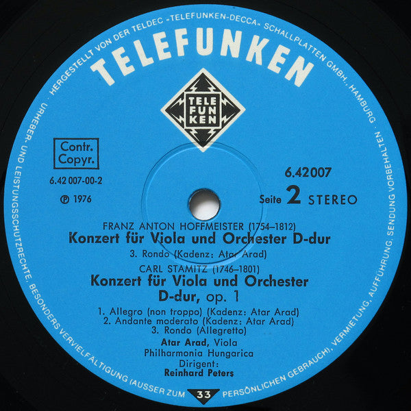 Niccolò Paganini, Carl Stamitz, Franz Anton Hoffmeister, Atar Arad, Philharmonia Hungarica, Reinhard Peters – Viola Concertos LP vinyl record, image 6 of 6