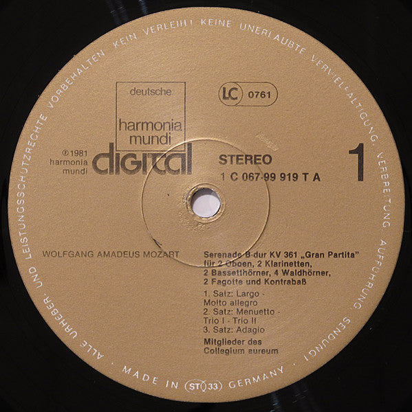 Wolfgang Amadeus Mozart, Mitglieder Des Collegium Aureum – Serenade B-Dur KV 361 'Gran Partita' LP vinyl record, image 3 of 4